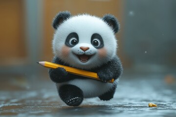 Fototapeta premium Cute panda character holding a yellow pencil while having fun in a playful atmosphere
