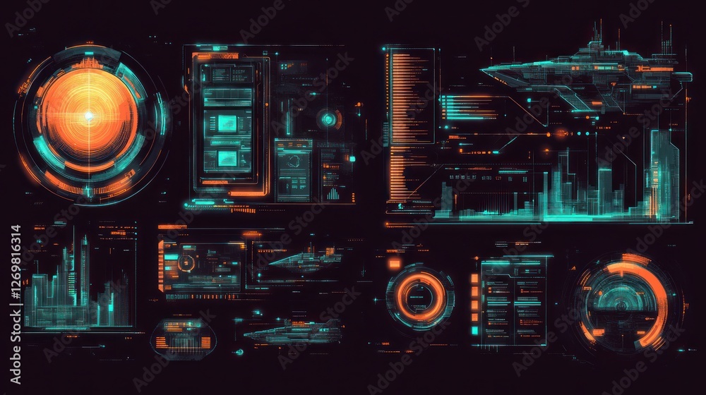 Poster futuristic technology interface with hud elements and data visualization