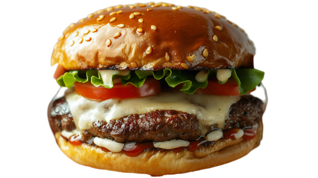 Cheeseburger Juicy Beef Patty, Tasty Sesame Bun for Gourmet Lunch Themes, isolated on transparent background.