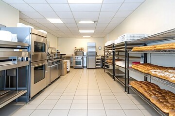 Wide shot of an industrial bakery interior featuring metal shelves stacked with freshly baked bread, stainless steel ovens, and professional baking equipment in a hygienic environment