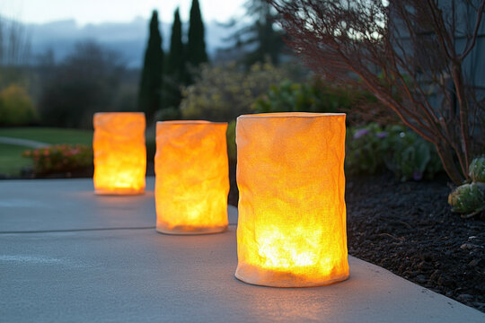 A glowing luminary bag on a pathway, warm and inviting, nighttime atmosphere