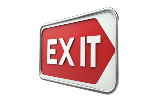Bright red exit sign illuminates the way in a dimly lit corridor during the evening hours isolated on transparent background