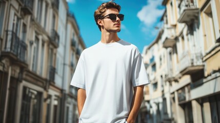 Model is wearing blank T-Shirt. Mockup For Your Design