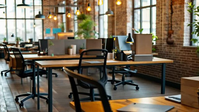 Empty office interior with desks, chairs, brick walls, plants, and lights, for work or business