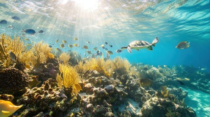 Fototapeta premium Sea Turtle Swimming Through Vibrant Coral Reef