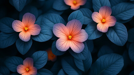 dark blue leaves and flowers arranged in a modern style, symbolizing tranquility, sophistication, and nature's elegance