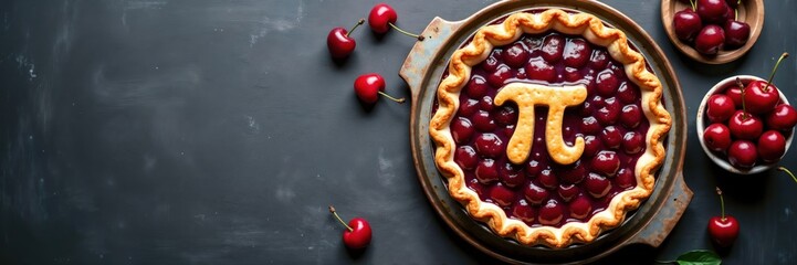 Pi Day cherry pie with a crusty Pi shaped cookie on top, standing on a blank black chalkboard surface with chalk marks and fresh cherries. March 14 Pi Day celebration theme. Banner, copy space