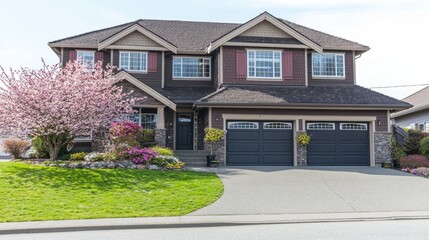 Suburban house with landscaped front yard in springtime. Possible real estate use