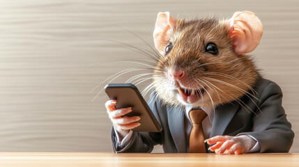 Fototapeta premium A rat dressed in a suit and tie appears thrilled while holding a
