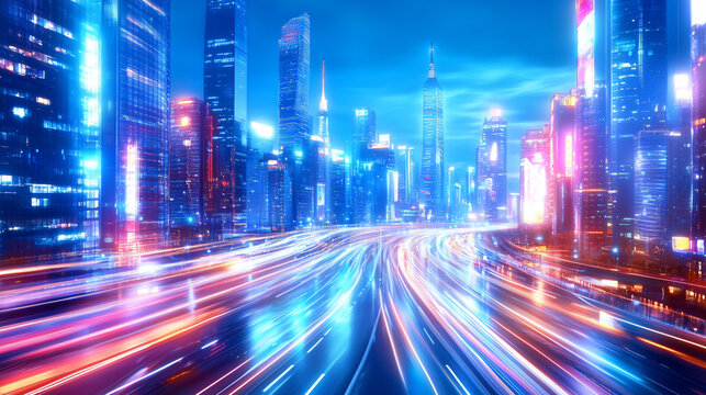 Bright lights illuminate the bustling city skyline at night, whe