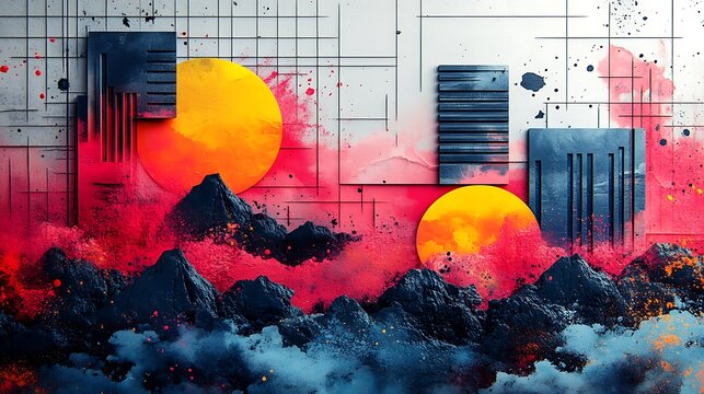 Artistic retro wave inspired 80s collage with bold neon shapes and graphic elements on white