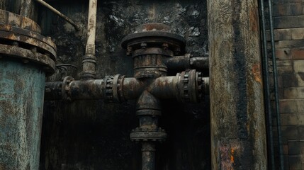 Rusty Industrial Pipes and Aged Wall Structure