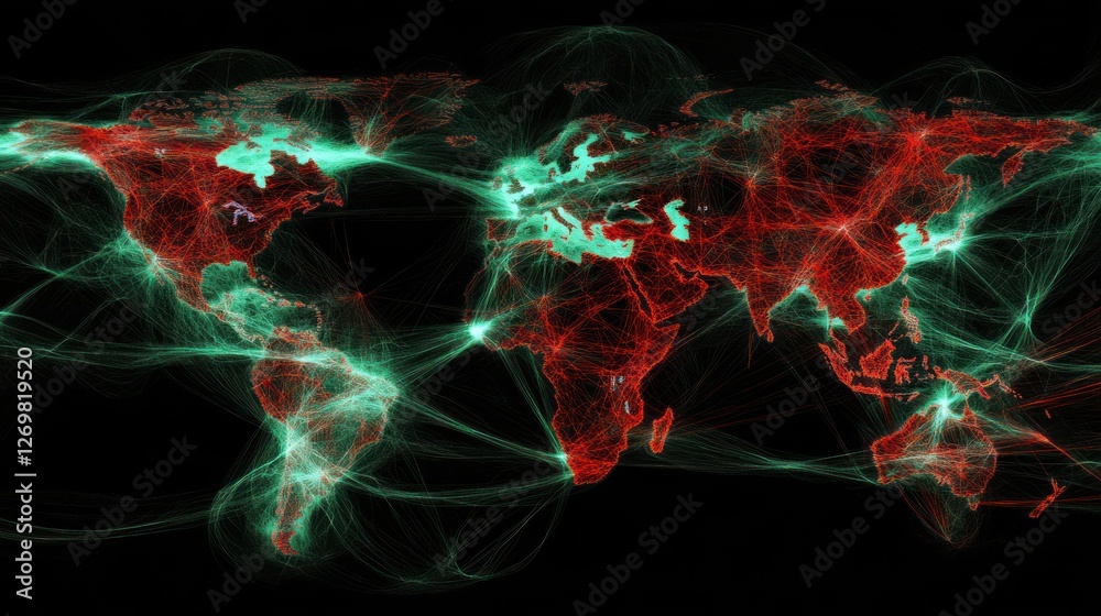 Aufkleber World map visualizing interconnected network with illuminated pathways