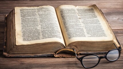 Obraz premium An opened ancient book rests near reading eyeglasses on wood