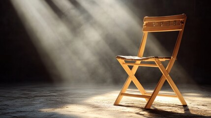Single wooden folding chair bathed in sunlight beams in dark room.