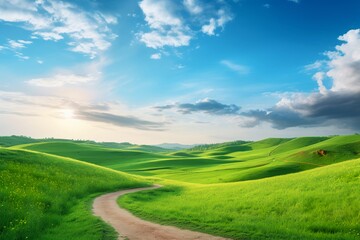 Fototapeta premium Rolling Hills at Sunset: A picturesque winding dirt road meanders through vibrant green hills under a vast, breathtaking sky, where the sun sets, casting a golden hue across the landscape.