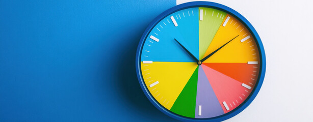 Obraz premium Brightly colored clock showcases each color of the rainbow, adding a playful and cheerful touch to a contemporary space