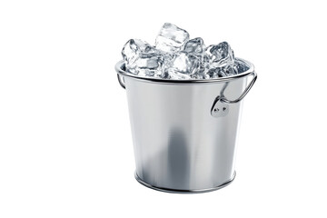 A shiny metal bucket filled with clear, sparkling ice cubes on a bright, minimalistic surface isolated on transparent background
