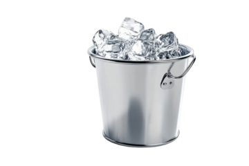 A shiny metal bucket filled with clear, sparkling ice cubes on a bright, minimalistic surface isolated on transparent background