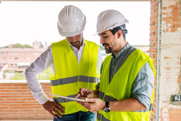 Two engineers wearing safety vests and helmets are using a tablet at construction site, discussing...