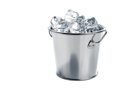 A shiny metal bucket filled with clear, sparkling ice cubes on a bright, minimalistic surface isolated on transparent background