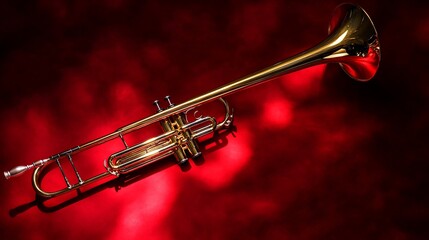 Shiny brass trombone placed against a deep red background with soft lighting illuminating its curves