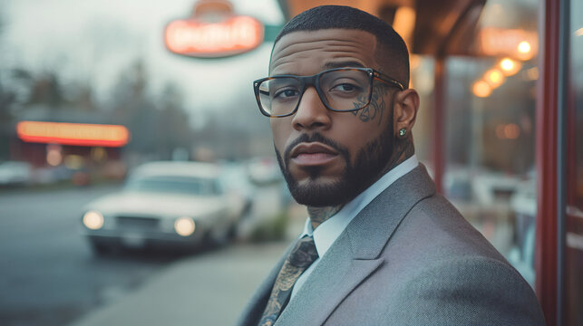 Serious businessman wearing glasses and suit standing near storefront