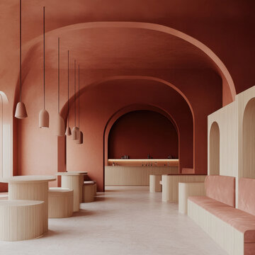 Minimalist spa lounge interior, terracotta backdrop