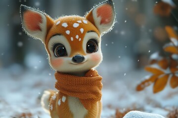 Cute cartoon deer wearing an orange scarf amidst falling snow in a forest setting during winter