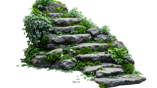 Stone Steps with Plants Rock Garden Design, Ivy and Moss for Nature Themes, isolated on transparent background.