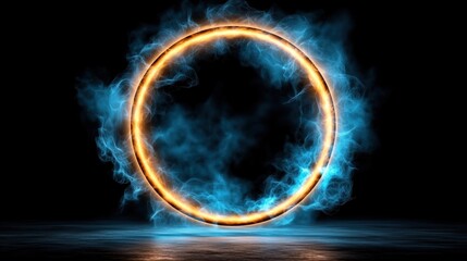 vibrant circular portal surrounded by dynamic blue flames and an orange glow creates an enchanting effect in a dark setting, evoking a sense of mystery and energy