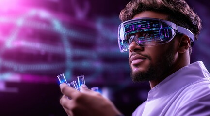 scientist wearing advanced goggles analyzes glowing test tubes filled with liquid while surrounded by digital data displays in a modern laboratory setting