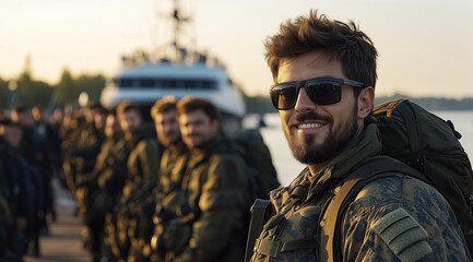 Soldiers gather at the waterfront, ready for deployment. warm sunset casts a golden glow on the scene, highlighting camaraderie and determination among the troops