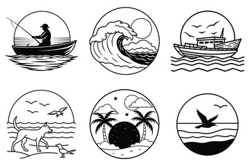Minimalist Tropical Beach Line Art Set.