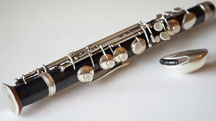 Fototapeta premium Silver clarinet placed diagonally on a white surface with a focus on its keys and mouthpiece