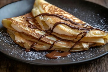 Extreme close-up of a crispy fried crepe filled with rich hazelnut chocolate spread