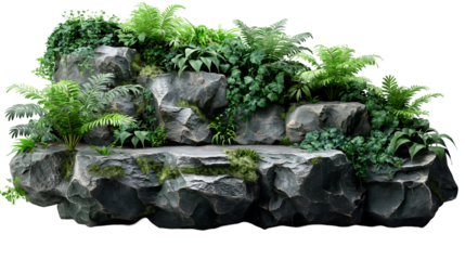Green Plants on Grey Rocks Natural Stone Garden, Ivy and Moss for Design Themes, isolated on transparent background.
