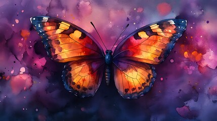 Vibrant butterfly wings painted in fluid watercolor strokes against a purple scenery