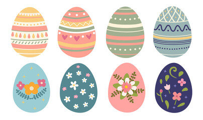 Colorful Decorative Easter Eggs with Floral and Geometric Patterns. Decorated chicken eggs isolated on white background