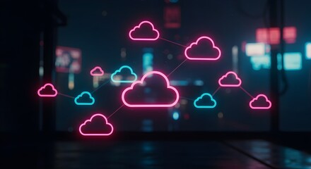 Neon cloud icons connected in a digital environment, creating a vibrant, futuristic atmosphere with a moody backdrop.