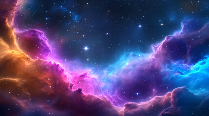 Obraz premium A breathtaking cosmic nebula displays a mix of vibrant colors, including purple, blue, and orange, against a dark starry sky, showcasing the beauty of the universe
