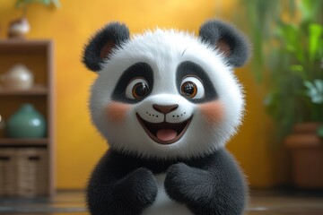 Obraz premium Cute panda character expressing joy in a vibrant indoor setting with plants and decorative items during the day