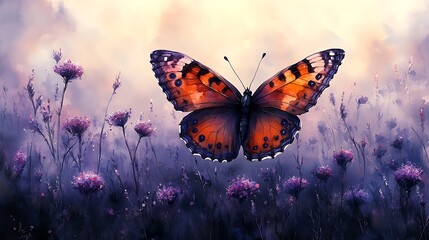 Elegant butterfly artwork with watercolor textures set against a breathtaking purple landscape