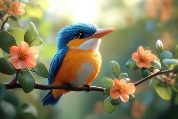 Fototapeta premium Colorful kingfisher perched on a branch surrounded by vibrant flowers in a serene garden at sunrise