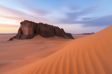 Naklejka premium A desert landscape with a large rock in the foreground and a sandy hill in the background. The sky is a mix of blue and orange, creating a serene and peaceful atmosphere