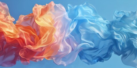 Abstract 3D Render of Dynamic Orange and Blue Fabric Waves on a Soft Blue Background