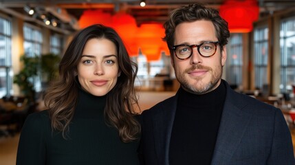 Two individuals are standing closely in a contemporary workspace featuring large windows