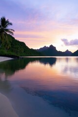 A beautiful sunset over a beach with a palm tree in the foreground. The sky is a mix of pink and orange hues, creating a serene and peaceful atmosphere. The water is calm