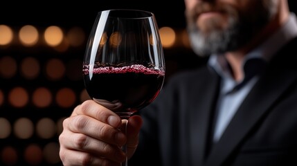 skilled sommelier holds a glass filled with rich red wine, evaluating its color and clarity in a softly lit cellar. atmosphere enhances the wine tasting experience, emphasizing expertise