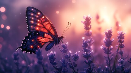 Surreal watercolor butterfly illustration with glowing wings on a purple background outdoors